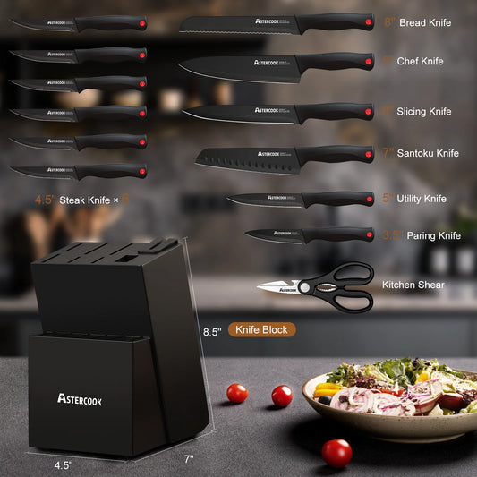 Astercook 14-Piece Kitchen Knife Set with Sharpener, German Stainless Steel, Anti-Rust, Dishwasher Safe, Black