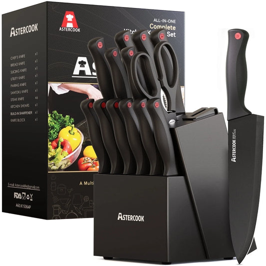 Astercook 14-Piece Kitchen Knife Set with Sharpener, German Stainless Steel, Anti-Rust, Dishwasher Safe, Black