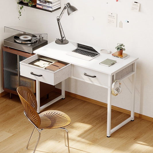 Casacomoda 32 Inch Black Writing Desk with 2 Fabric Drawers, Modern Study Table with Storage for Student/Kids, Small Computer Desk for Small Space, Home Office Desk, Pure White